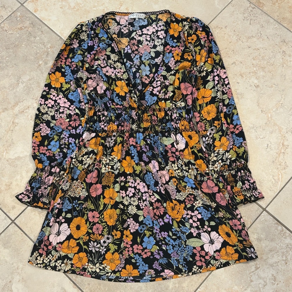 WAYF Mini Dress Womens M‎ Black Multi Floral Long Sleeve Smocked V-Neck Boho